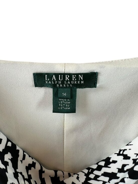 Lauren Ralph Lauren Black White Abstract Wrap Dress Ruched Size 14 - Picture 5 of 7